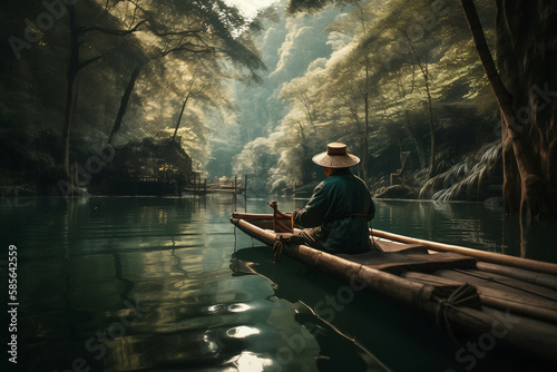 retired  man fishing from boat at lake, generative ai © jambulart