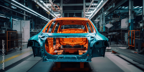 Car bodies are on assembly line factory for production of cars modern automotive industry a car being checked before being painted in a hightech enterprise Generative AI