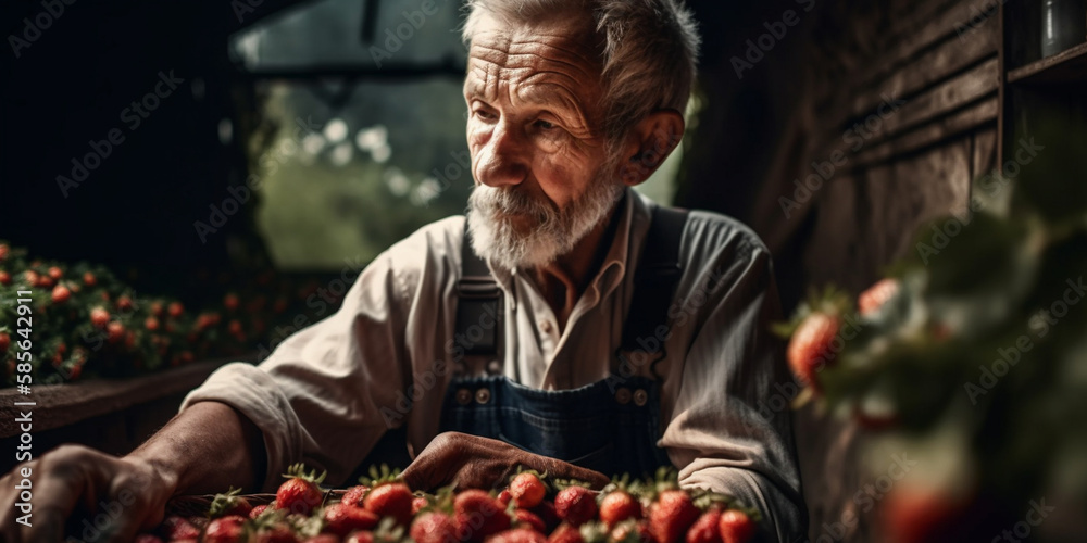 Close up of senior gardener in uniform picking fresh ripe strawberries at greenhouse. aged man harvesting seasonal berries on fresh air. Generative AI