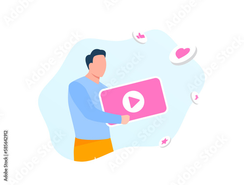 Video Clip Presentation flat vector illustration. Short movie promo with cartoon character. Creative illustration concept for website landing page, mobile app design, presentation
