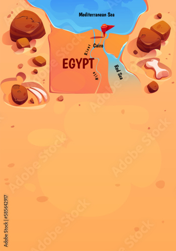Egypt geographic map with Cairo, Nile, Red and Mediterranean sea, desert. Poster with Egyptian capital location mark, river, bones and copy space, vector cartoon illustration
