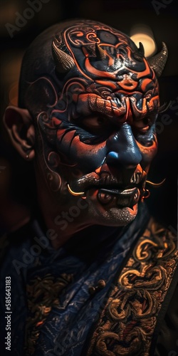 Portrait d'un guerrier portant un redoutable masque japonais Oni Demon