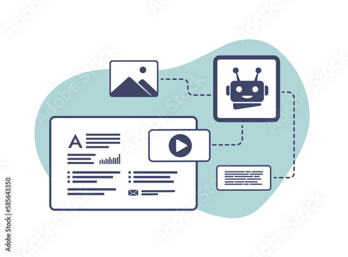 AI Social Media Automation concept. Content creation, SEO articles, online stores. AI Generate text, pictures and videos for social media and smm content marketing. Automation Social media concept
