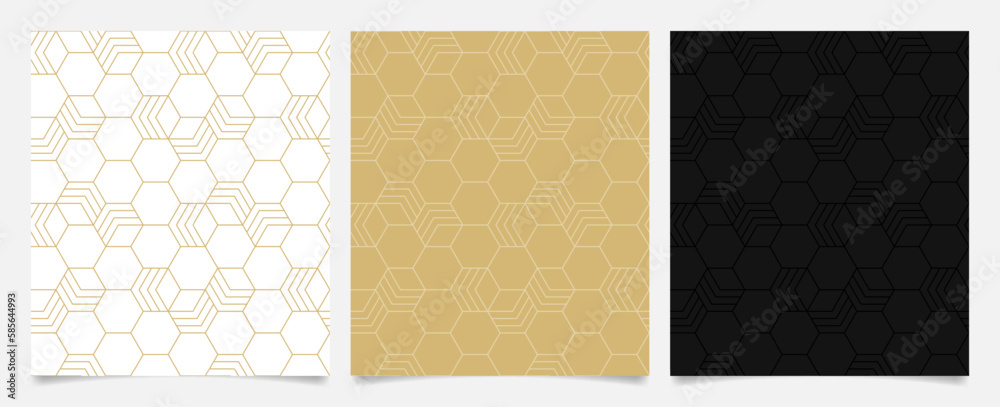 Set of geometric seamless patterns. Linear hexagon pattern on white, gold, and black background.