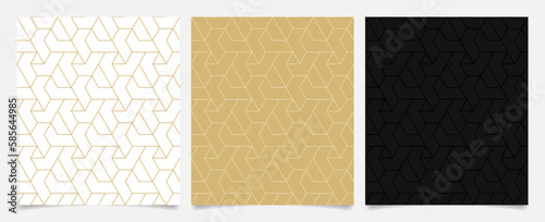 Set of geometric seamless patterns. Linear abstract geometric pattern on white, gold, and black background.