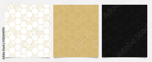 Set of geometric seamless patterns. Linear hexagon pattern on white, gold, and black background.