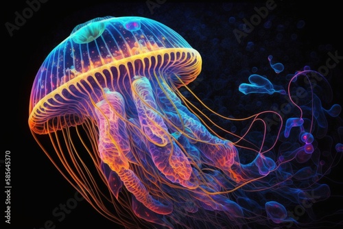 Glowing jellyfish swim deep in dark sea, generative ai