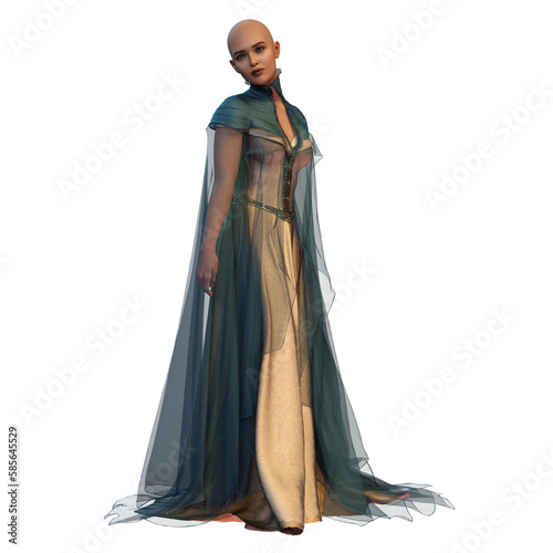 Medieval Fantasy Woman in Dress on Isolated White Background, 3D illustration, 3D Rendering