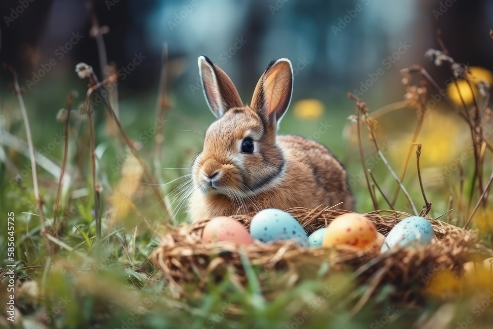 cute rabbit sitting next to a colorful Easter egg nest in a grassy field. Generative AI