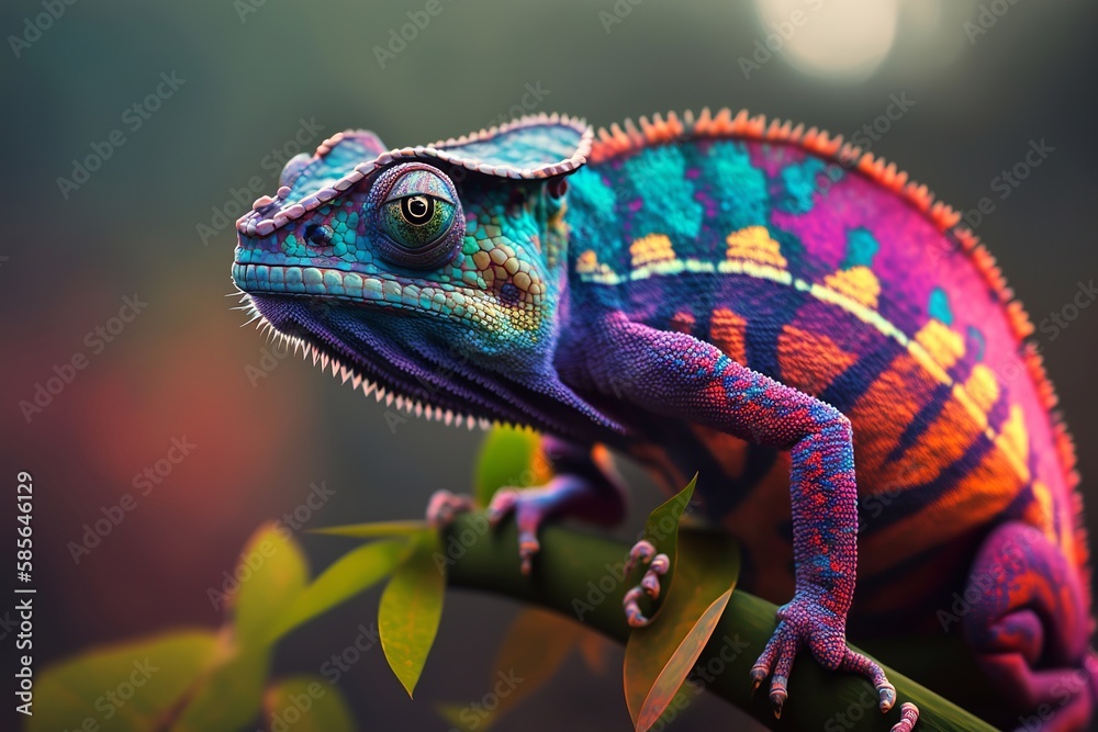 colored chameleon close up photo on blur background, generative ai - obrazy, fototapety, plakaty 