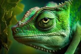 close up of a green color chameleon lizard on green background, generative ai