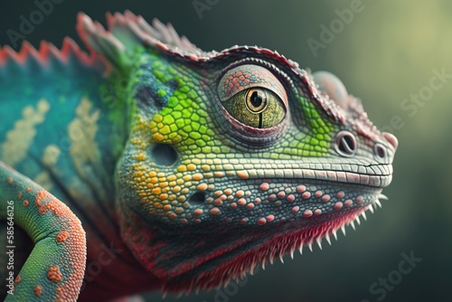 close up of a green color chameleon lizard on green background  generative ai