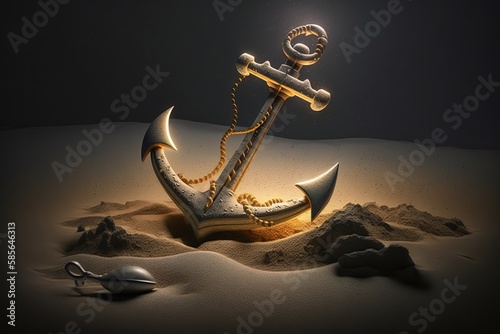 realistic metallic anchor on sand underwater, generative ai photo