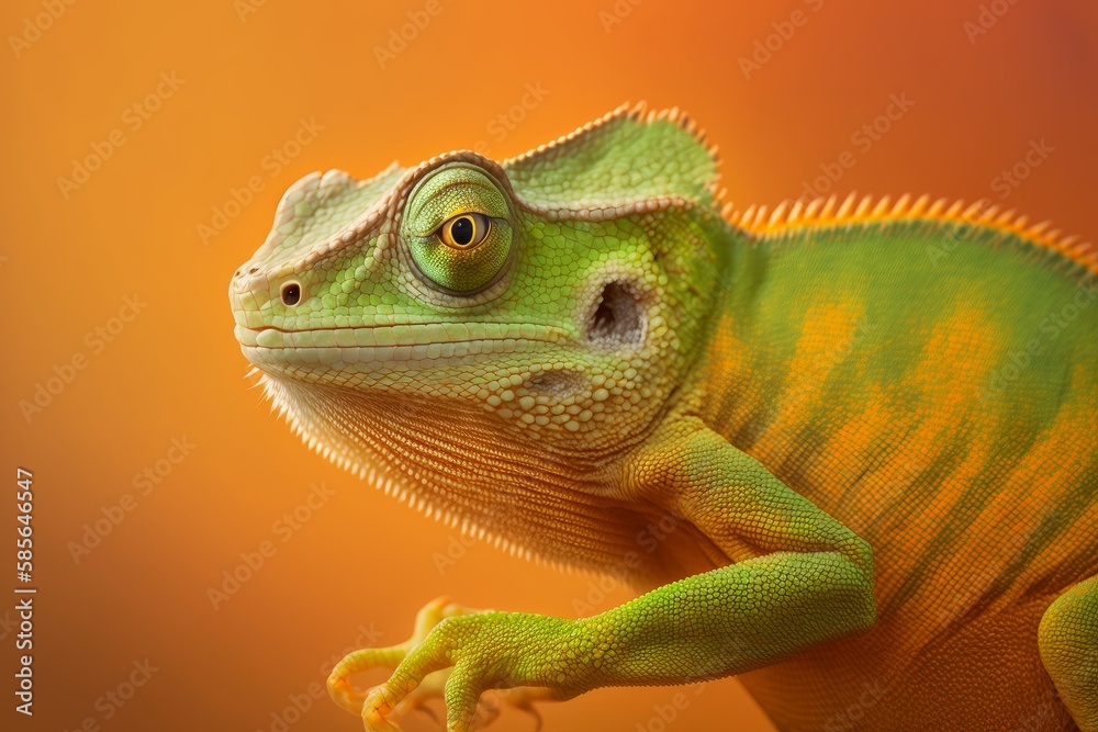 Obraz premium close up of a green color chameleon lizard on orange background, generative ai