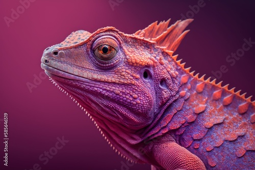 close up of a purple red color chameleon lizard on purple red background  generative ai