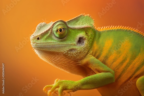 close up of a green color chameleon lizard on orange background, generative ai