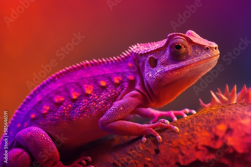 close up of a purple red color chameleon lizard on purple red background  generative ai