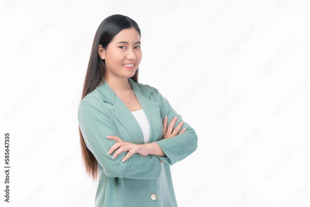 Portrait beautiful working Asian woman , business girl standing arms crossed with happiness on white background Portrait beautiful working Asian woman , business girl standing arms crossed with happiness on white background