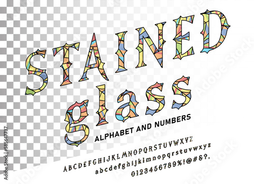 Stained glass italic alphabet from decorative transparent colored piece of glass. Vector font in stained glass window style with signs, symbols and numbers.