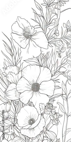 Page de livre de coloriage d'art en ligne, floral, fond blanc
