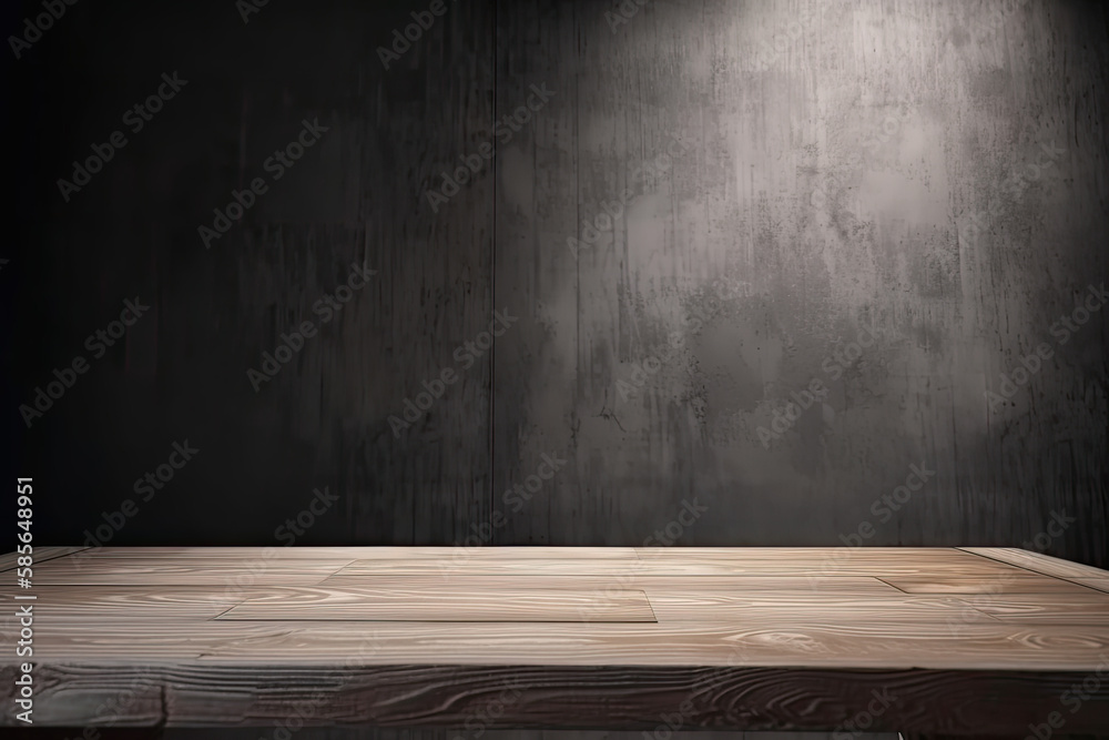 Rustikaler Holztisch mit dunklem Ziegelhintergrund, Generative AI Rustikaler Holztisch mit dunklem Ziegelhintergrund, Generative AI
