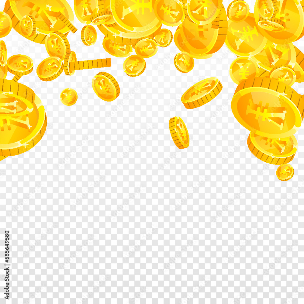 Chinese yuan coins falling. Scattered gold CNY Chinese yuan coins falling. Scattered gold CNY