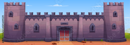 Wall of medieval stone castle. Vector cartoon illustration of ancient town citadel, fortress with windows, wooden gate and towers, blue sky with clouds, sunny day. Old architecture. Royal palace
