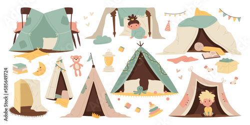 Children teepee tents flat illustrations set. Handmade playhouse children tent with chairs. Toys and books for games