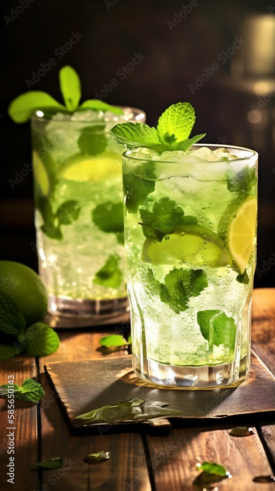 Verres de mojito, cocktail de rhum à la menthe et au citron vert sur une table en bois, illustration culinaire, ia générative 2 Verres de mojito, cocktail de rhum à la menthe et au citron vert sur une table en bois, illustration culinaire, ia générative 2