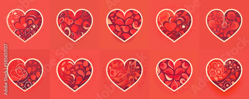 Rote Herzen mit verschiedenen Mustern, zB zum Valentinstag oder für die Hochzeit, KI-generiert