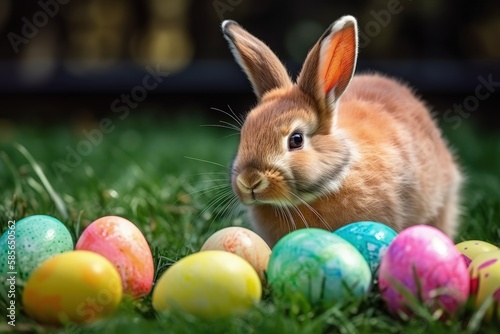 cute bunny surrounded by colorful Easter eggs in a green grassy field. Generative AI © AkuAku