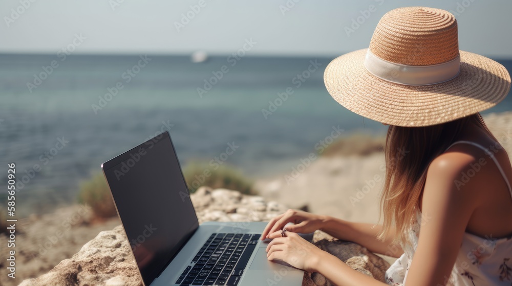 Woman working at a laptop on her vacation. Generative AI