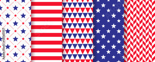 4th july backgrounds. American seamless pattern. Patriotic textures. Happy independence prints. Set of geometric backdrops. USA flag blue red backdrops with stars and stripes. Vector illustration.