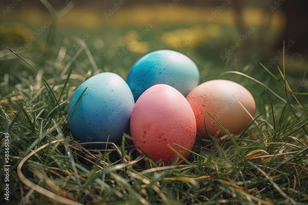 Dozen Eggs Nestled in the Green Grass. Generative AI