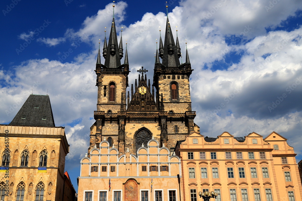 Gothic Church of Virgin Mary in front of Tyn, Tyn Church in Prague, on Old Town Square. Medieval architecture Prague, buildings, houses, churches