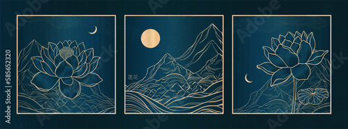 Freehand of a lotus with thin graceful lines against a mountain landscape. Lotus flower luxury design template poster.
