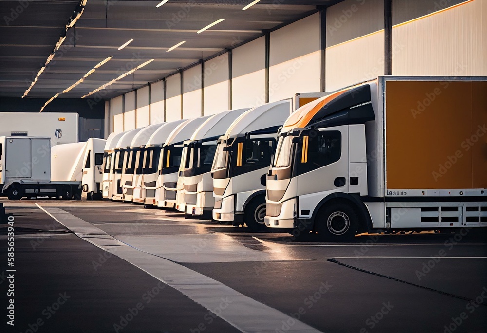 Fleet of company electric vehicles charging in the logistic hall center. Unloading of a semi truck used for delivery. sun and wind energy production facility. Consumer shipping and. Generative AI - obrazy, fototapety, plakaty 