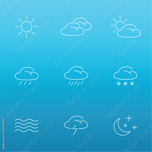 Weather line icons isolated on blue background. Weather icons for web and mobile app. Vector illustration