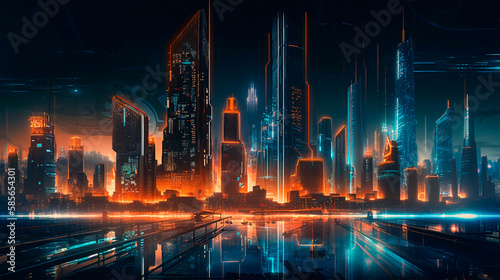 futuristic city of the future with setting sun