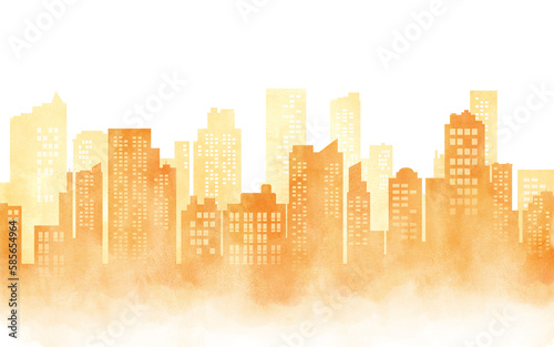 Cityscape yellow orange watercolor silhouette drawing.