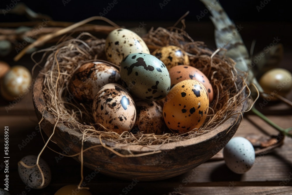 rustic wooden bowl filled with fresh eggs on a farm table. Generative AI rustic wooden bowl filled with fresh eggs on a farm table. Generative AI