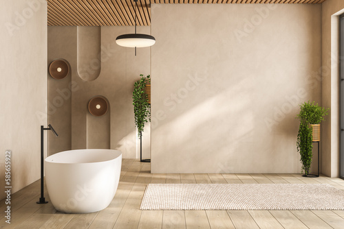 Blank beige wall for mock up of bathroom cabinet, in modern bathroom, bathtub, parquet floor, city view from window. 3d rendering