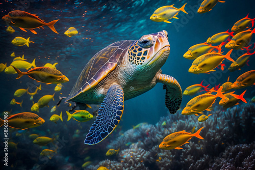 sea turtles and fish, generative ai © jambulart