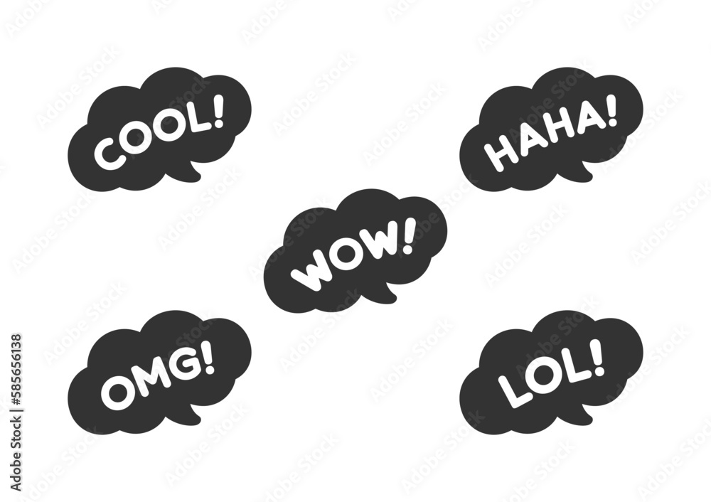 Cute speech bubble with short phrases cool, omg, wow, haha, lol online messaging icon set. Simple flat vector illustration. Cute speech bubble with short phrases cool, omg, wow, haha, lol online messaging icon set. Simple flat vector illustration.