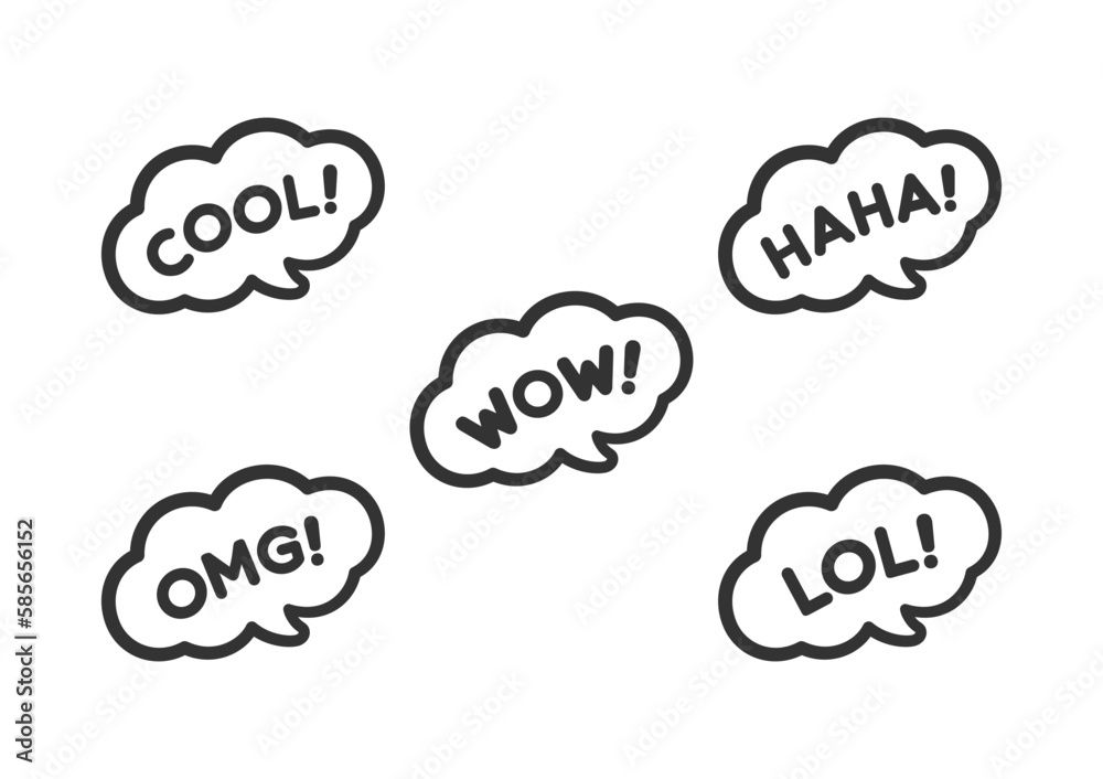 Cute speech bubble with short phrases cool, omg, wow, haha, lol online messaging icon set. Simple flat vector illustration. Cute speech bubble with short phrases cool, omg, wow, haha, lol online messaging icon set. Simple flat vector illustration.