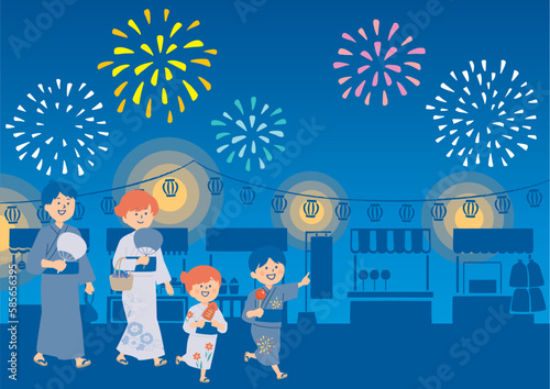 花火大会に来たファミリーのイラスト