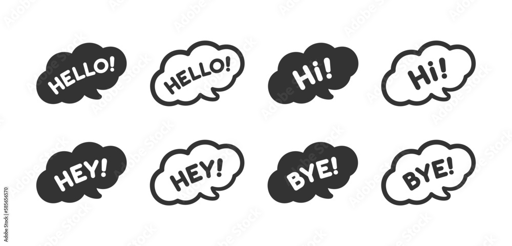 Cute Hello, hi, hey and bye greeting speech bubble icon set. Simple flat vector illustration. Cute Hello, hi, hey and bye greeting speech bubble icon set. Simple flat vector illustration.