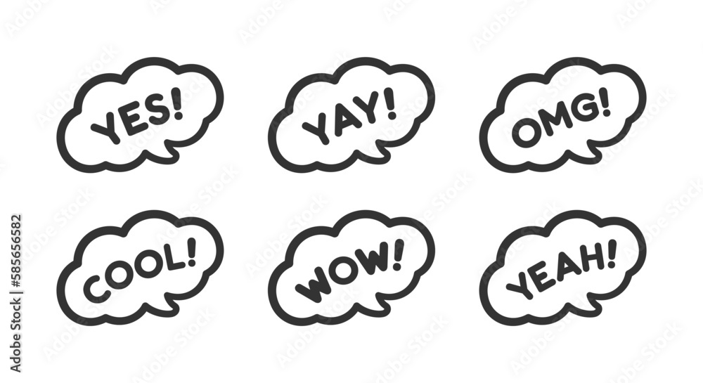 Cute speech bubble with short phrases yes, yay, omg, cool, wow, yeah, online messaging icon set. Simple flat vector illustration.