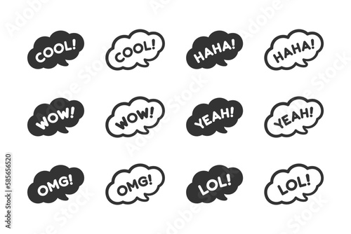 Cute speech bubble with short phrases cool, omg, wow, haha, lol online messaging icon set. Simple flat vector illustration.