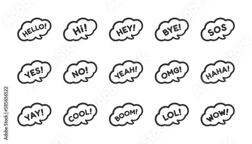 Cute speech bubble with short phrases cool, omg, wow, haha, lol online messaging icon set. Simple flat vector illustration.